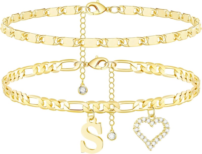 Wremily Initial Ankle Bracelets for Women Waterproof 14K Gold Plated Dainty Layered Figaro Chain Letter Initial CZ Heart Ankle Bracelets Set Summer Beach Jewelry for Women - Image 1